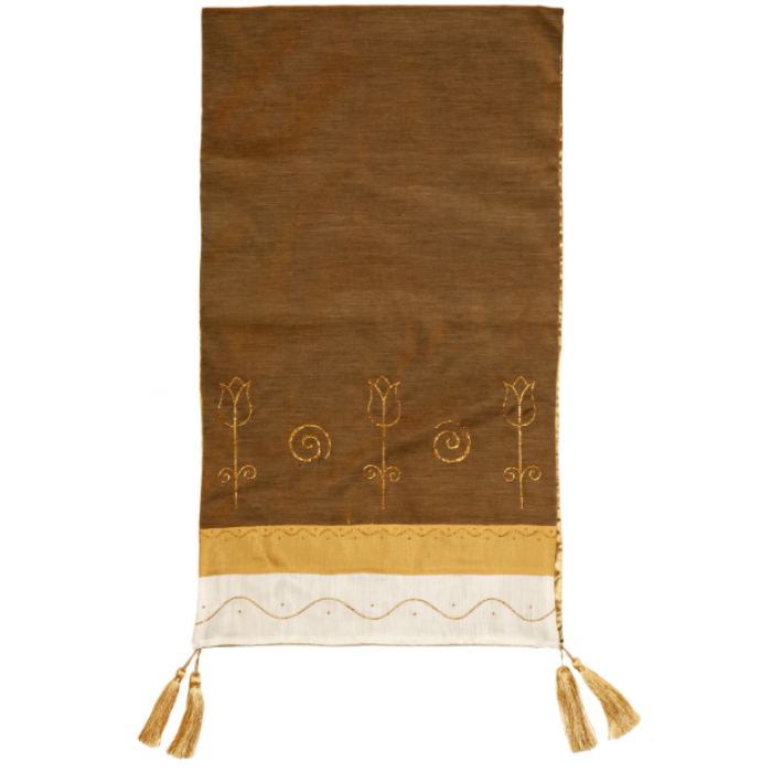Brown Embroidered Runner with Gold Lines, Dots, Swirls and Tulips