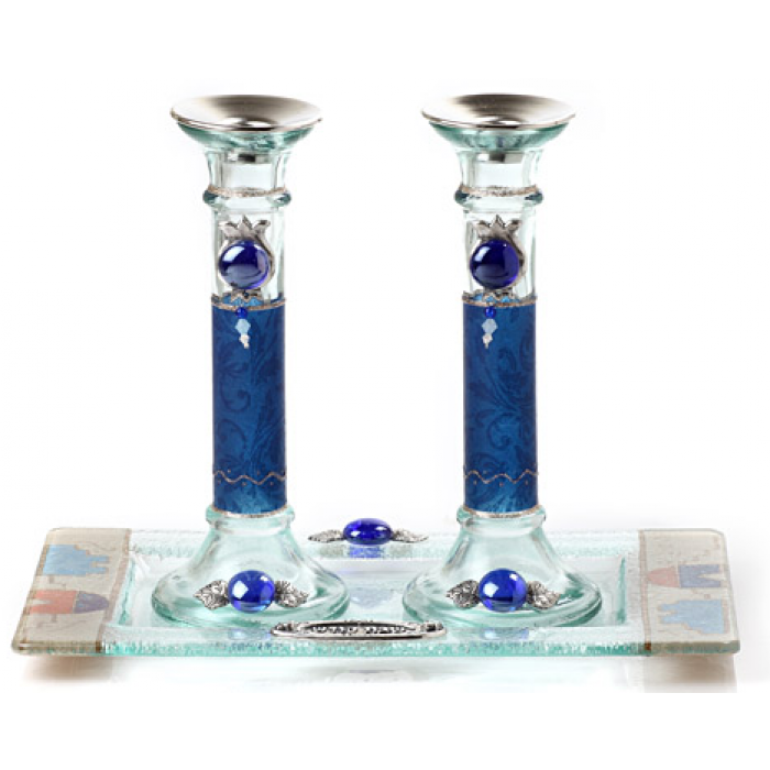 Glass Shabbat Candlesticks with Deep Blue Design and Tray