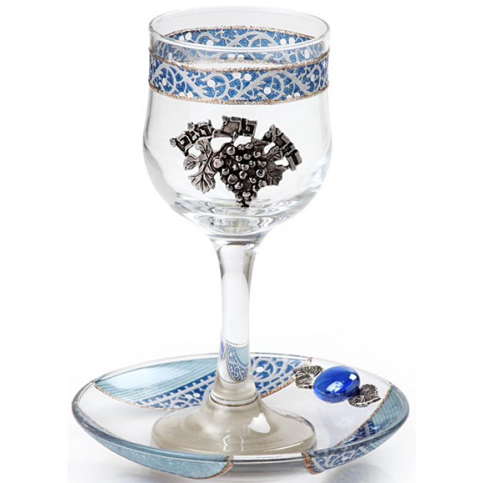 Glass Kiddush Cup with White on Blue Design and Saucer