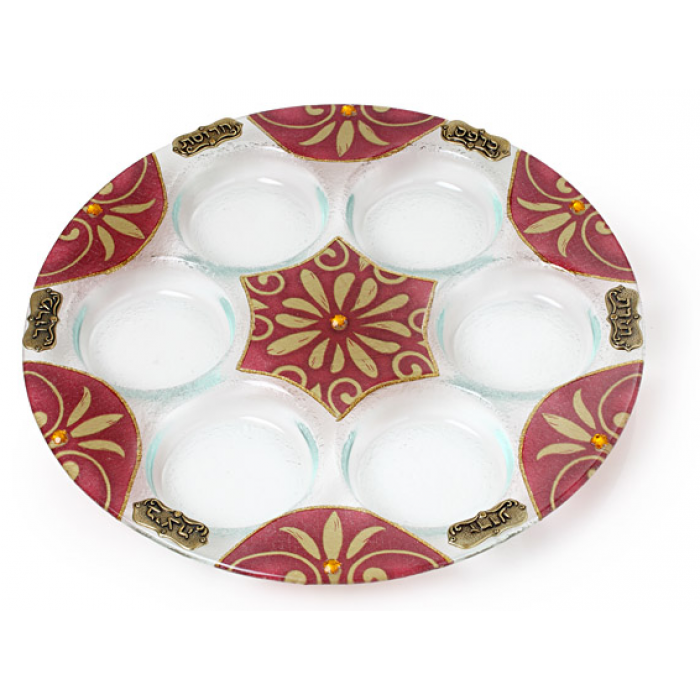 Glass Passover Seder Plate with Red and Gold Motif 