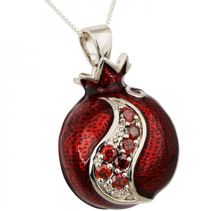 Rhodium Plated Pomegranate Pendant with Red Enamel and Artificial Garnets