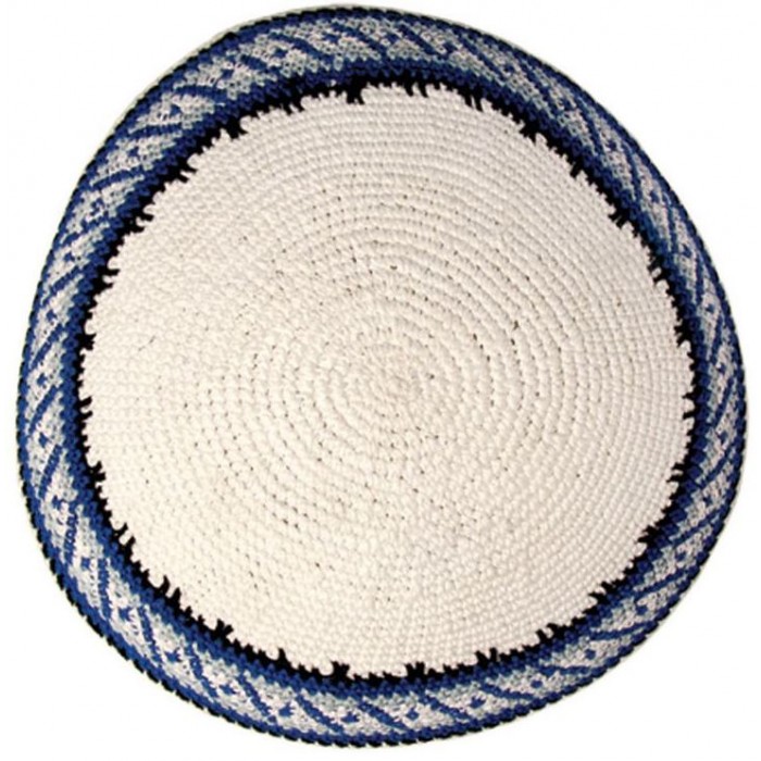 White Knitted Kippah with Blue, Black and Grey Stripes