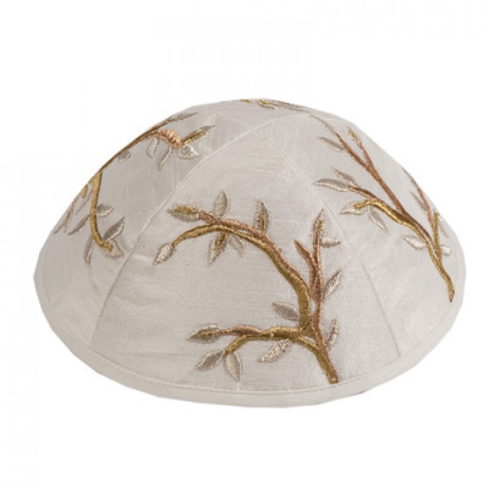 Yair Emanuel White Kippah with Gold Tree Embroidery