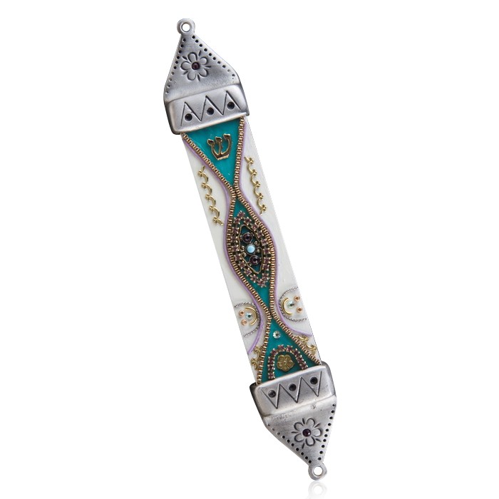 Ester Shahaf Wood and Pewter Mezuzah with Turquoise Band, Gold Shin and Lines
