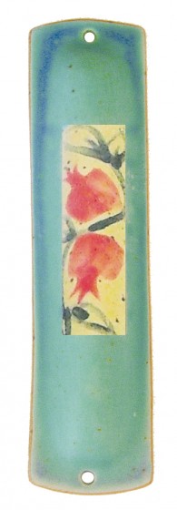 Turquoise Ceramic Mezuzah with Pomegranates and Leaves