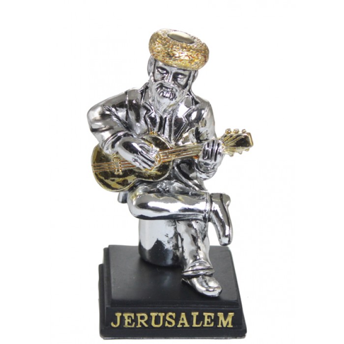 Silver Polyresin Hassidic Figurine with Gold-Colored Hat and Guitar