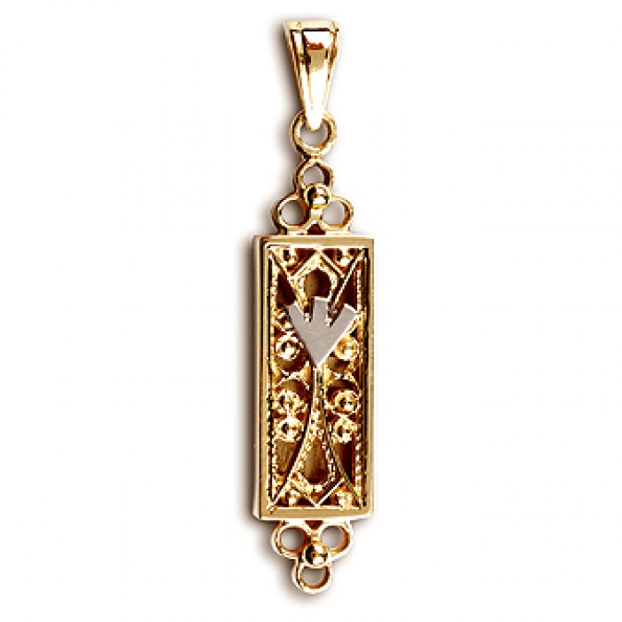 14k Yellow Gold Mezuzah Pendant with Angled Letter Shin and Line Decorations