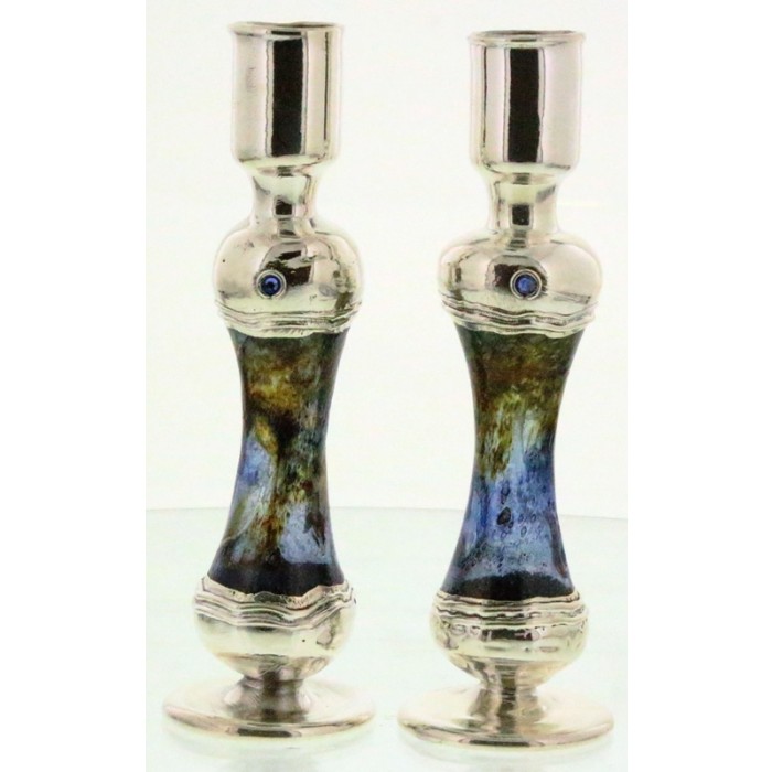 Sterling Silver and Blue Stained Glass Shabbat Candlestick Set