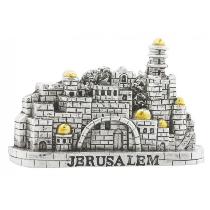 Silver Plated Magnet with Jerusalem, Arch and Gold Roofs