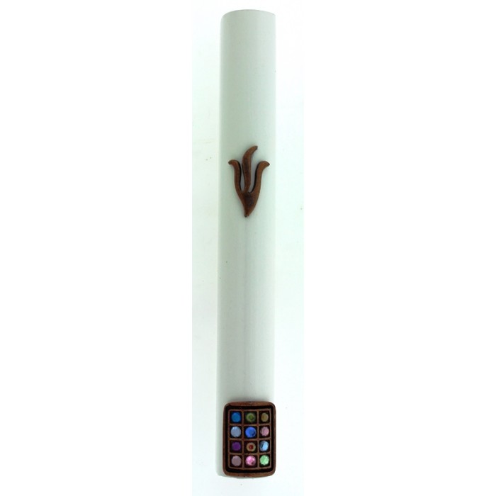 White Wood Mezuzah with Hoshen Ornament and Copper Hebrew Letter Shin