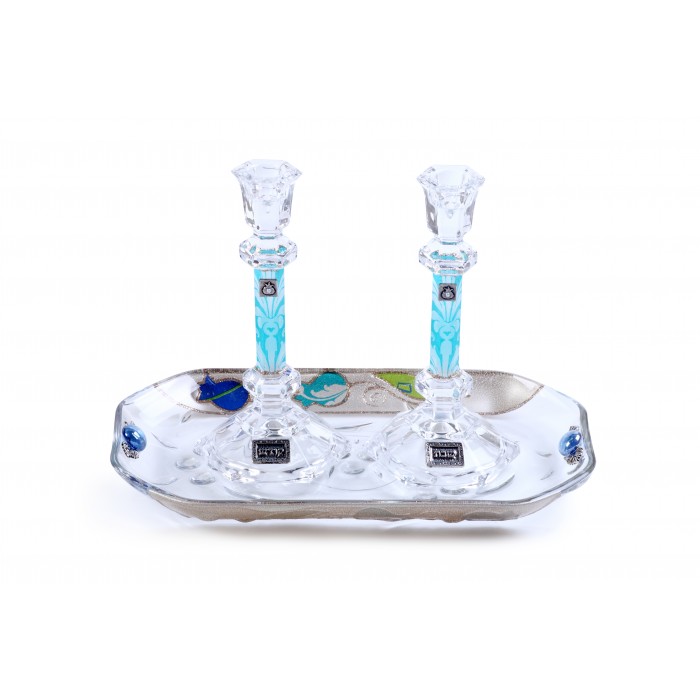 Large Crystal Shabbat Candlesticks with Aqua Blue Floral Pattern and Matching Tray