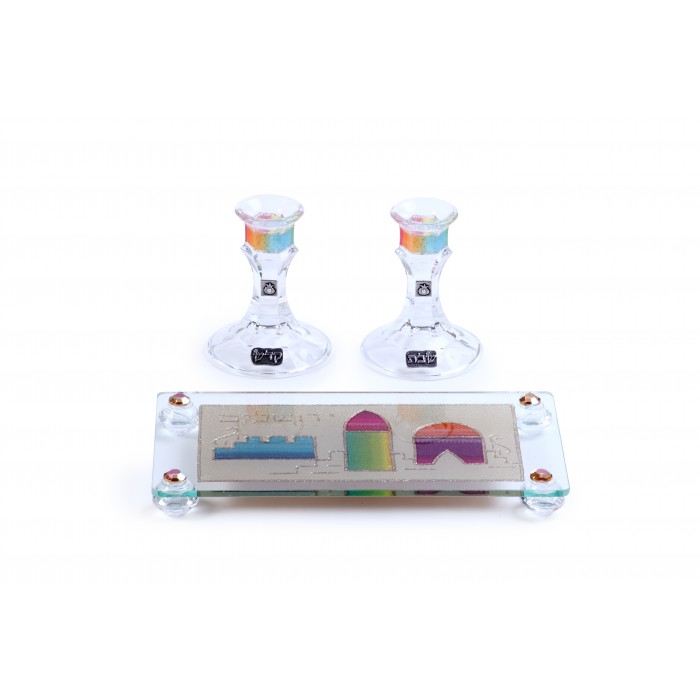Crystal Shabbat Candlesticks with Rainbow Colored Jerusalem Theme and Tray