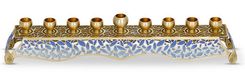 Brass Hanukkah Menorah with Blue Leaves and Scrolling Lines
