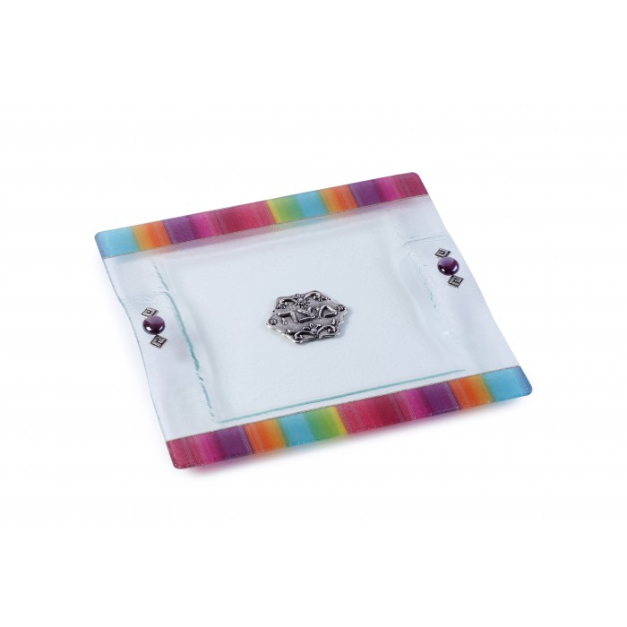 Glass Matzah Plate with Rainbow Colors and Purple Beads