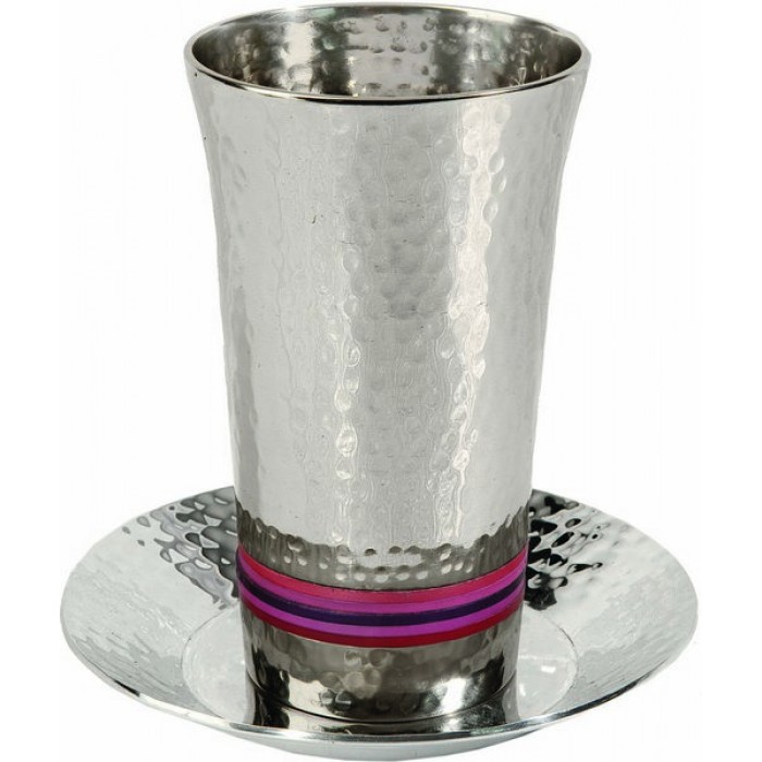 Yair Emanuel Nickel Kiddush Cup with Hammered Pattern & Rings in Red & Purple