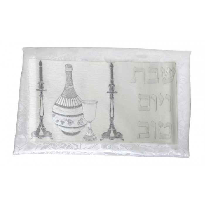 Shabbat Tablecloth in White with Silver Embroidery