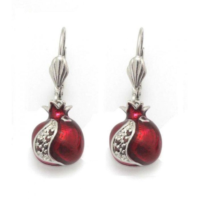 Rhodium Plated Pomegranate Earrings with Enamel Coat and Synthetic Garnets