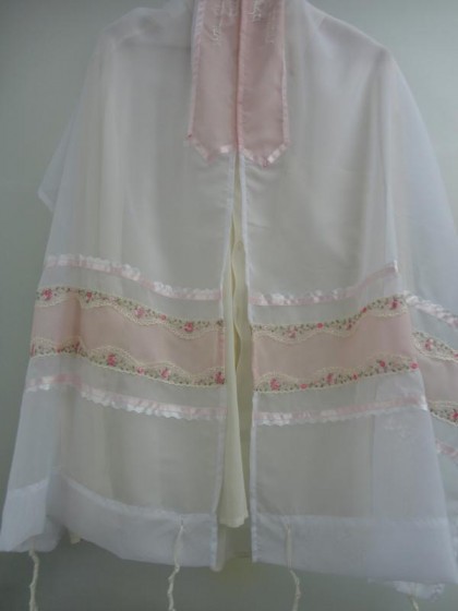 Women's Tallit with French Floral Design in White & Pink by Galilee Silks