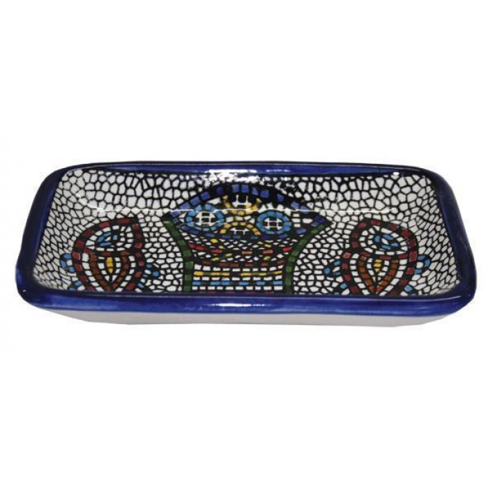 Armenian Ceramic Tray in Rounded Rectangle with Mosaic Fish & Bread