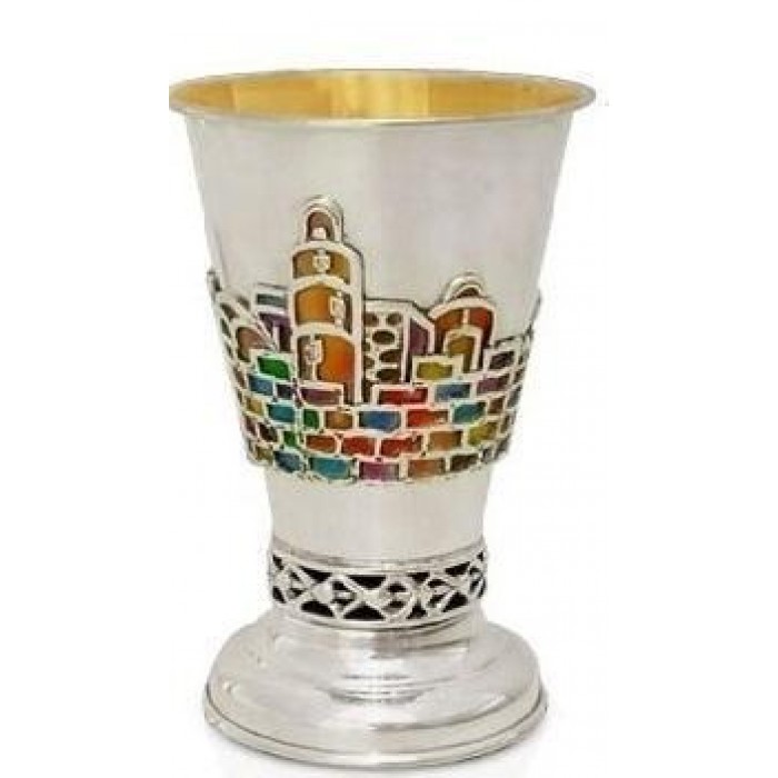 Kiddush Cup in Sterling Silver with Jerusalem Motif in Enamel by Nadav Art