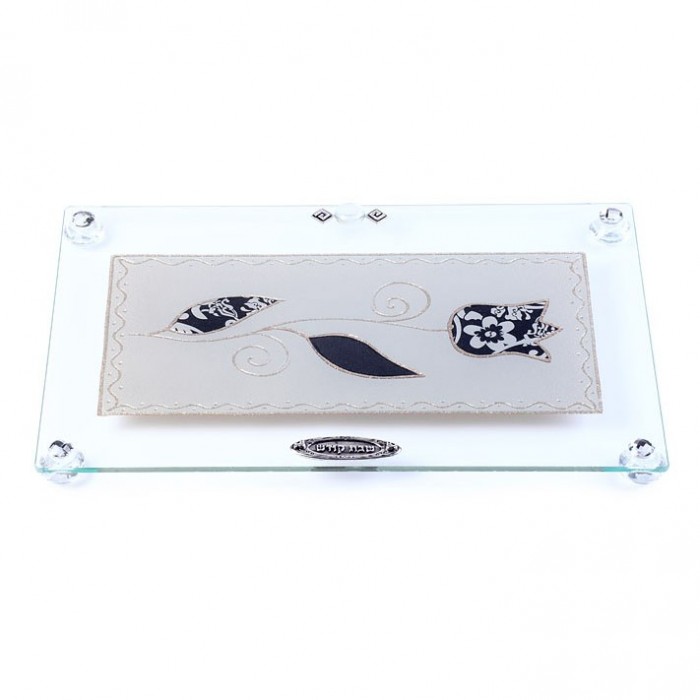 Glass Challah Board with Black and White Flower and Gold Scrolling Lines