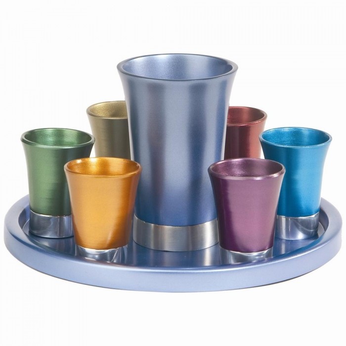 Yair Emanuel Multicolored Anodized Aluminium Kiddush Set with Tray