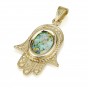 14k Gold Filigree Hamsa Pendant with Oval Roman Glass by Ben Jewelry
