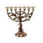 24k Gold Plated 7 Branch Blooming Menorah in Brown with Emerald Crystals