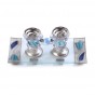 Glass Shabbat Candlestick Set with Blue Stripes, Flowers and Hebrew Text