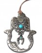 Hamsa with Horseshoe, Hebrew Text, Scrolling Lines and Blue Beads